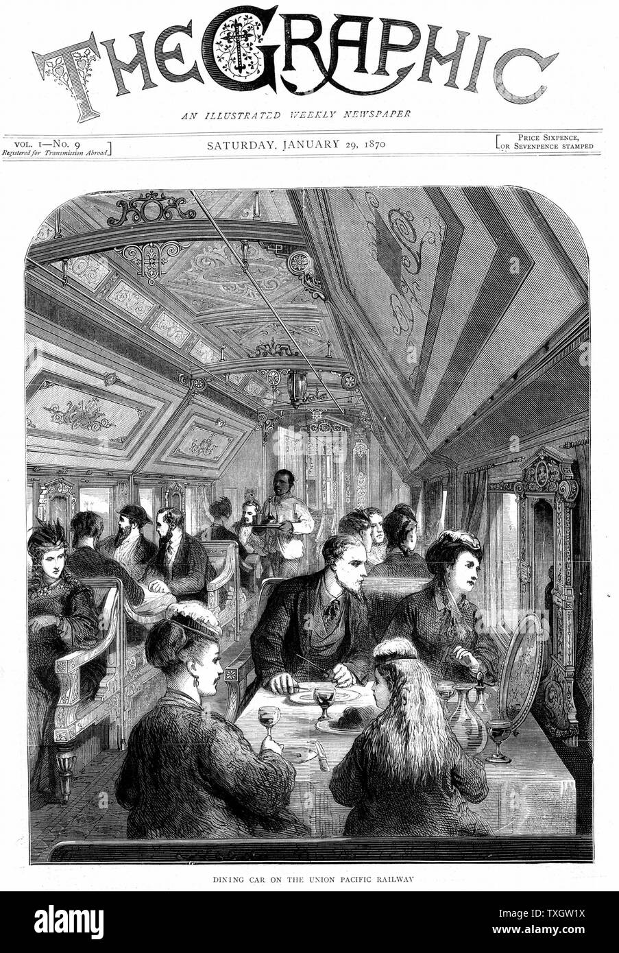 Carrozza ristorante sul della Union Pacific Railroad, USA Gennaio 1870 incisione su legno Londra Foto Stock