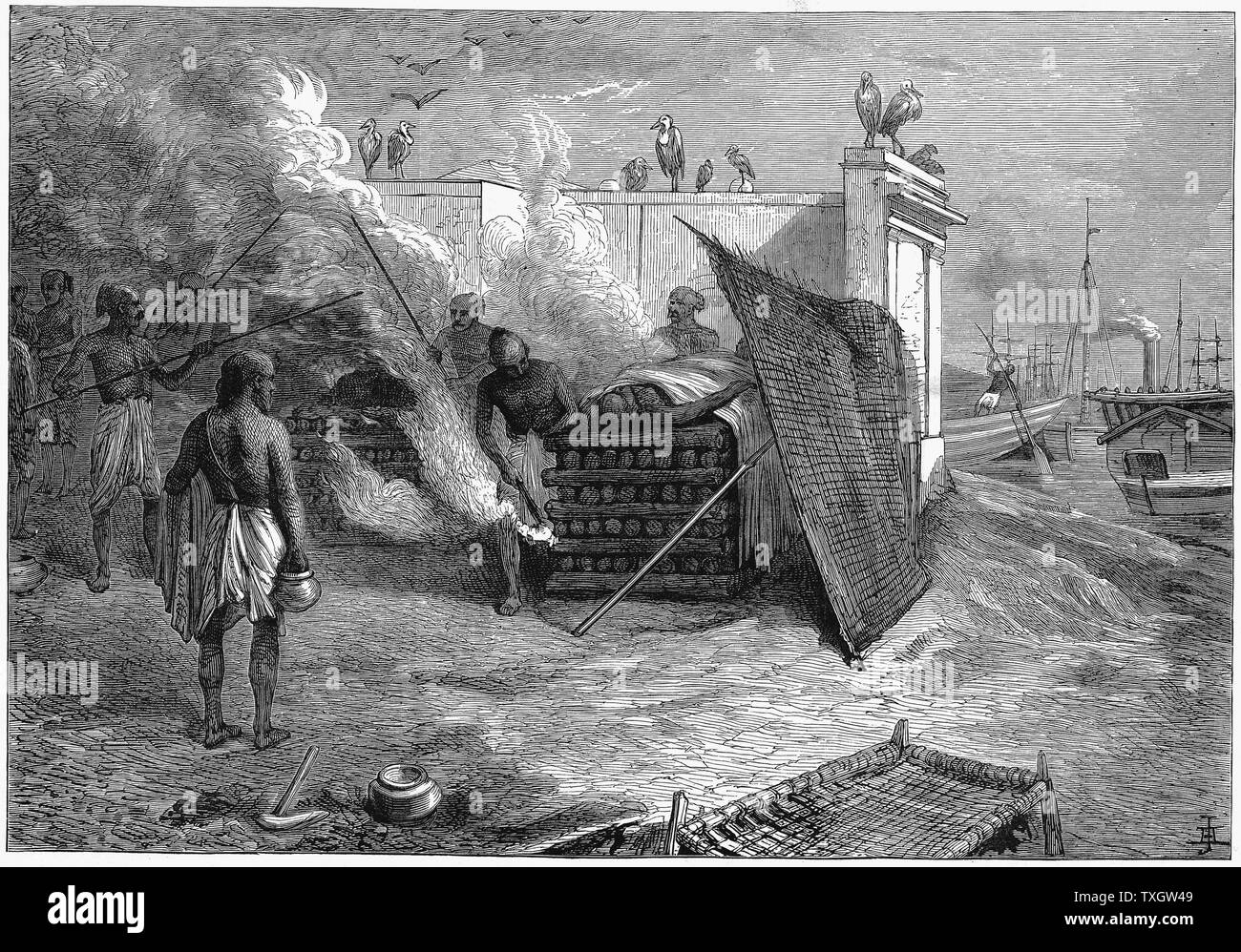 La cremazione dei morti sui roghi, Calcutta, India 1879 incisione su legno Londra Foto Stock