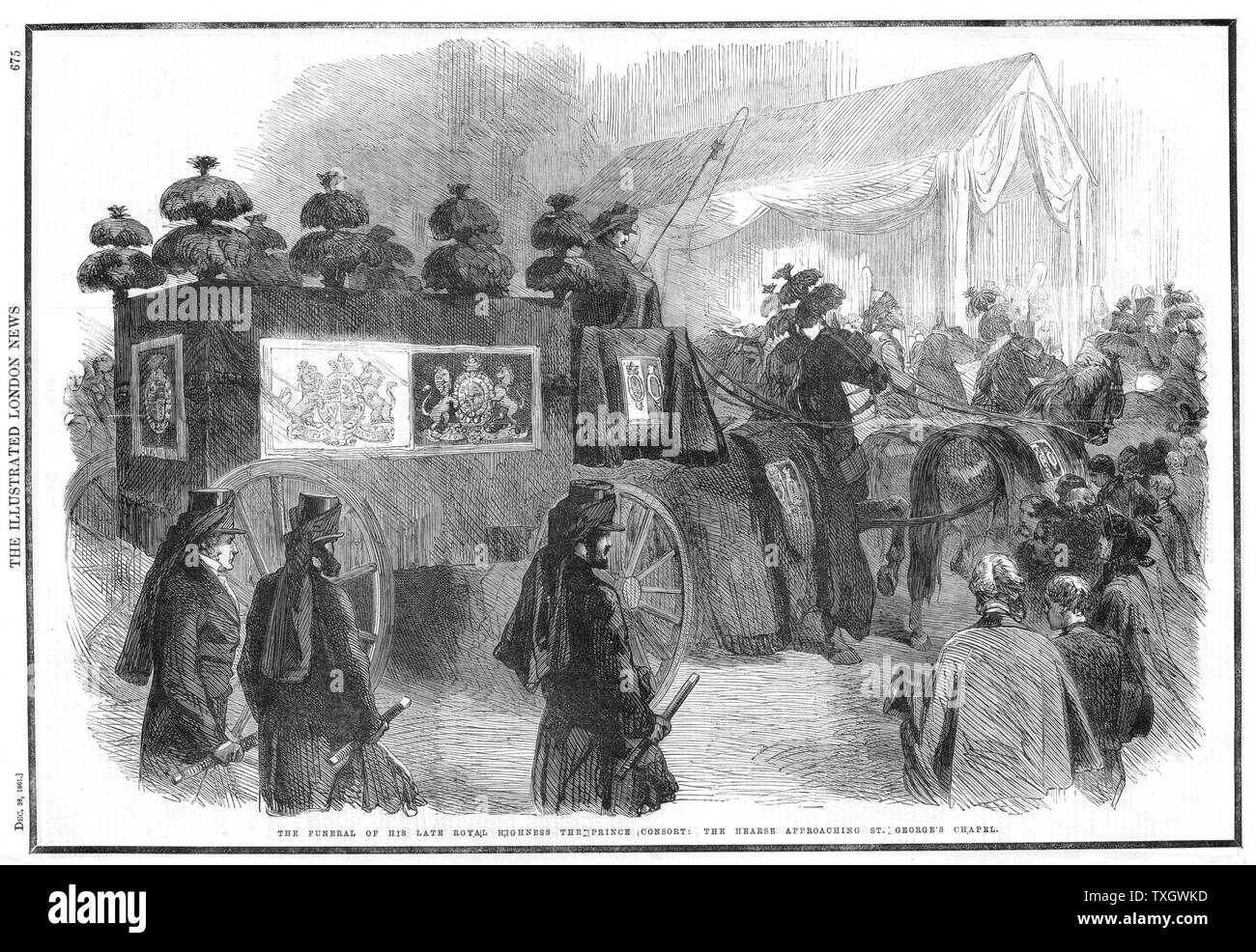 Albert (1819-1861) consorte della regina Victoria dal 1840. Funebre funebre avvicinando alla cappella di San Giorgio, Windsor. Dal primo rilascio di 'Illustrated London News' dopo Albert Morte 14 Dicembre 1861. Bordo nero che denota la nazione è in lutto Foto Stock