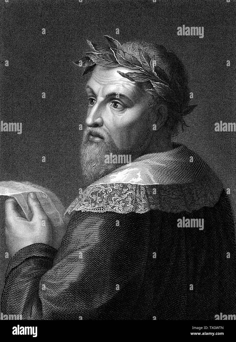 Ludovico Ariosto (1474-1533) poeta italiano; autore del poema epico "Orlando Furioso" (1516) di incisione verticale che mostra lui indossa corona di alloro Foto Stock
