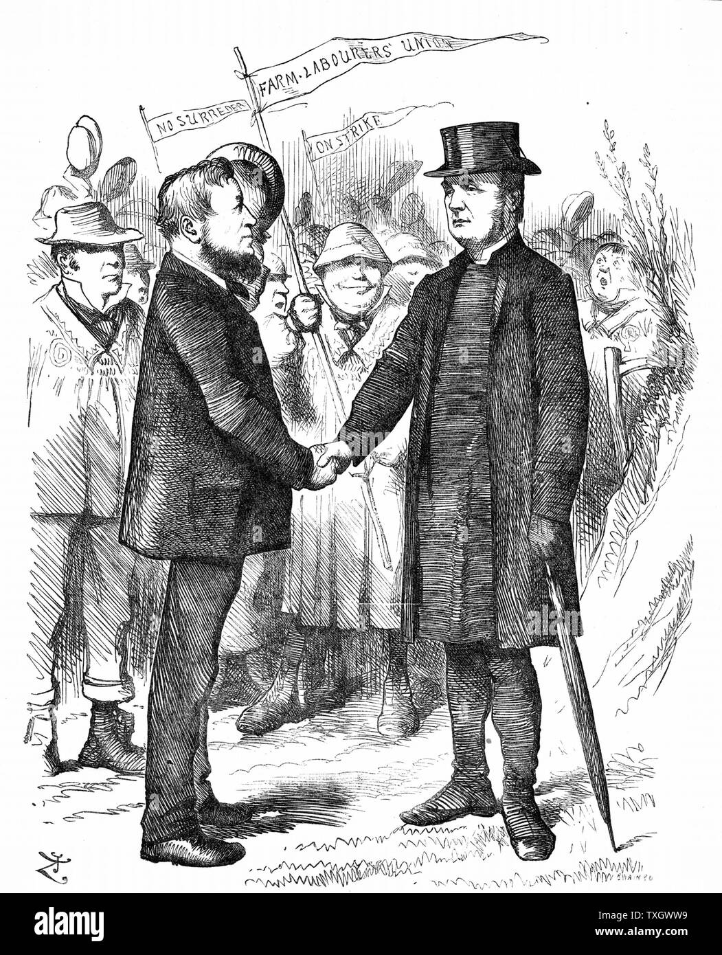 Giuseppe Arch (1826-1919) inglese sindacalista, politico, lavoratore agricolo. Fondatore dell Unione Nazionale degli operai agricoli Arch saluto il Vescovo di Manchester che hanno sostenuto l'Unione in una lettera a "tempi". John Tenniel cartoon da 'Foratura' 18 aprile 1874 incisione su legno Londra Foto Stock