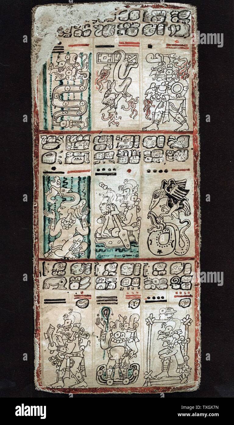 Pagina da Dresda Maya manoscritto che illustra la sezione di un 'tonalamatl', un sacro stagione di 260 giorni. Dio Quetzalcoatl è rappresentato a destra e a sinistra, centro che stava trasportando una donna e in basso a sinistra con un'ascia Chromolithograph Foto Stock