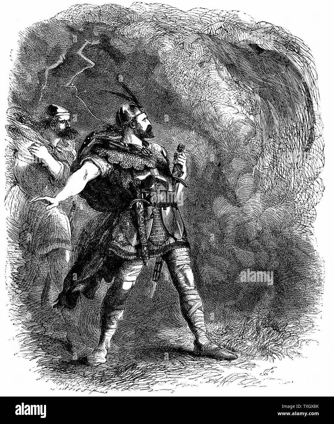Macbeth e Banquo incontrando le tre streghe e di sentire il loro 'annuncio profetico' illustrazione da Sir John Gilbert per un edizione di Shakespeare 1858 opere incisione su legno Londra Foto Stock