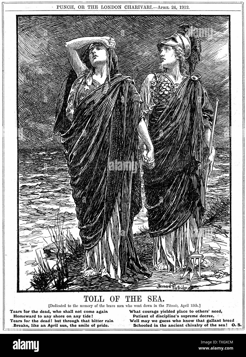 Naufragio della 'SS Titanic' Bernard Partridge cartoon da 'Foratura' mostra in Inghilterra e in America a supporto di ogni altro nel dolore 24 aprile 1912 a Londra per incisione Foto Stock