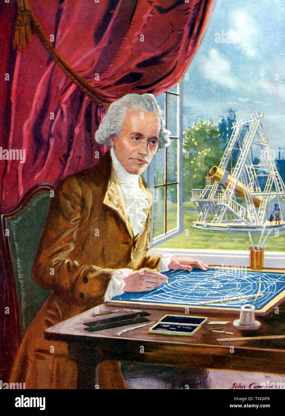 William Herschel (1738-1822) tedesco-nato astronomo inglese: scoperto prima nuovo pianeta sin dai tempi antichi, Urano. Costruito telescopi, compreso il 40 piedi di riflettore illustrato in background. Artista della ricostruzione Foto Stock