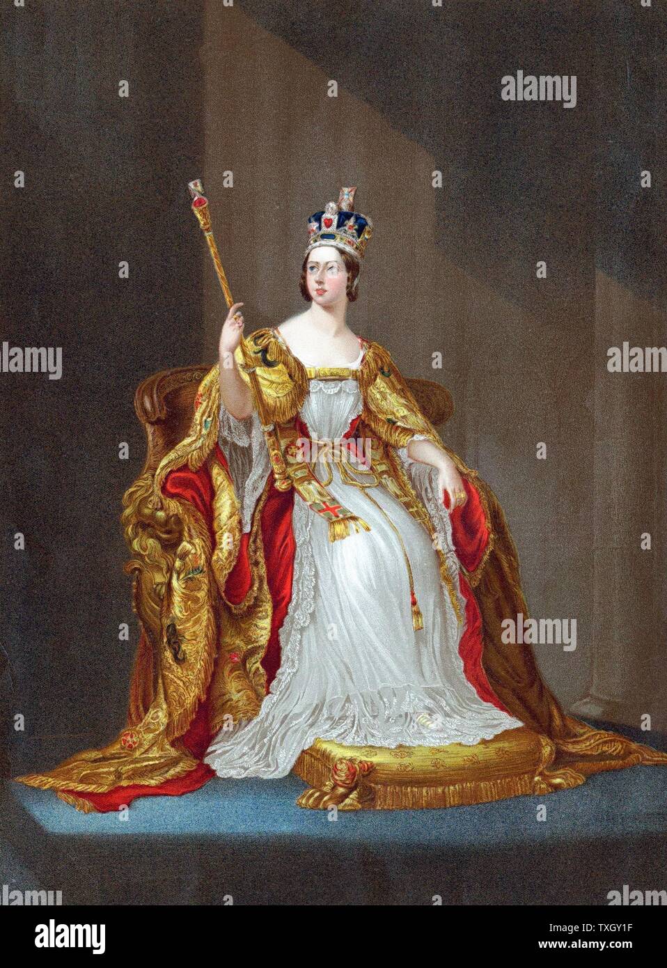 La regina Victoria (1819-1901) la regina del Regno Unito dal 1837, Empress of India dal 1876, incoronato nel 1838. Victoria sul trono in vesti di incoronazione che indossa corona e scettro di contenimento Oleograph Foto Stock