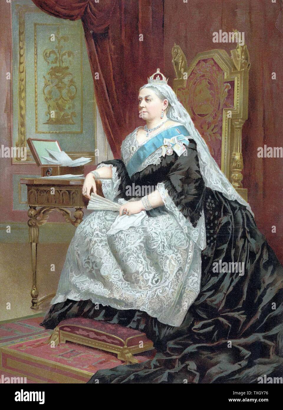 La regina Victoria (1819-1901) la regina del Regno Unito dal 1837, Empress of India dal 1876, incoronato nel 1838. Formale di ritratto della regina al momento del suo Giubileo d oro 1887 Oleograph Foto Stock