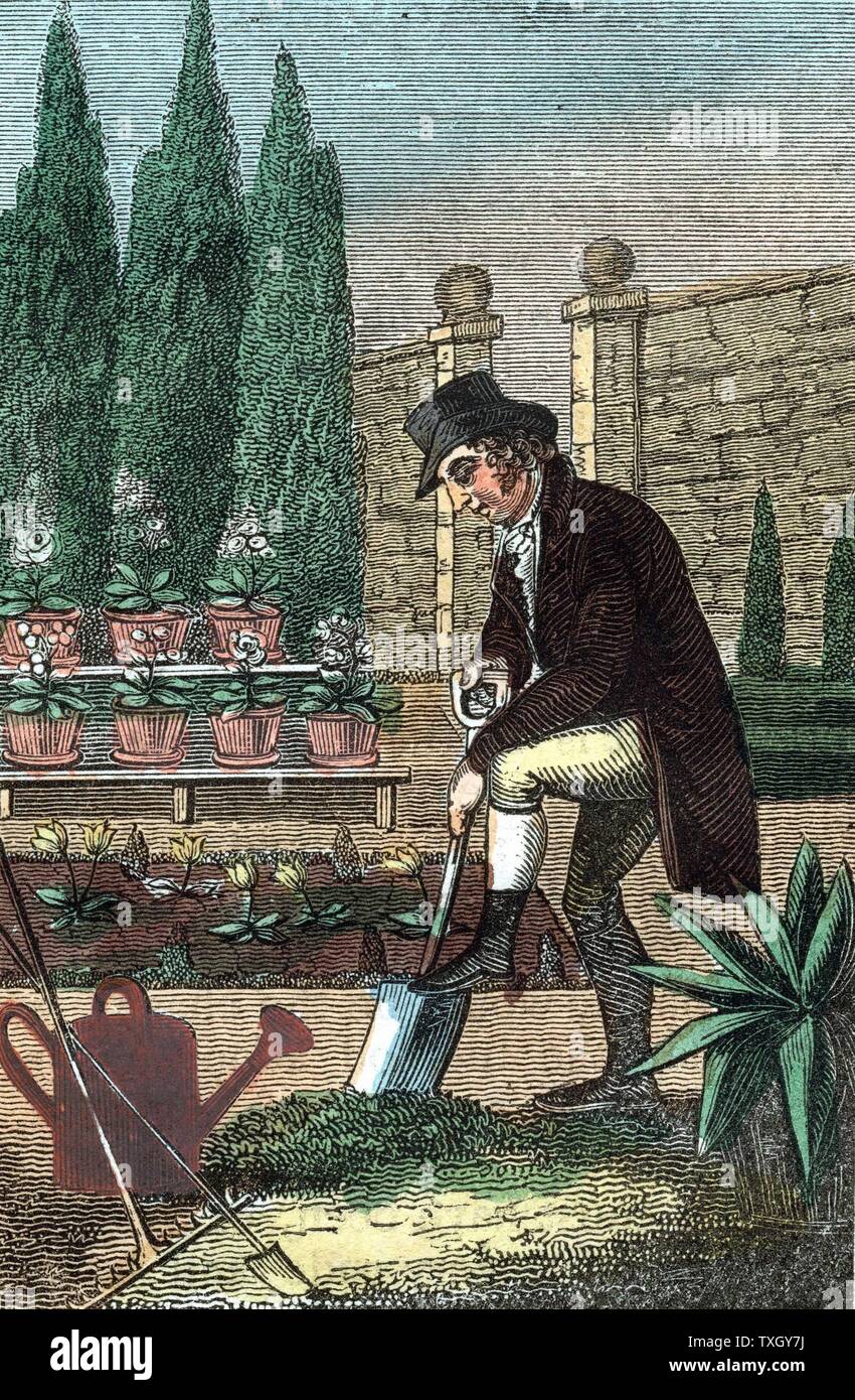 Il Giardiniere di scavare con la vanga, mentre davanti a lui sono un annaffiatoio, rastrello e zappa 1821 colorate a mano la xilografia da 'il libro di inglese Trades' Londra Foto Stock