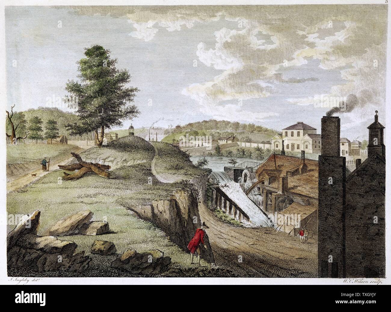 Greenfield mulino in ottone vicino Holywell, Flintshire, Galles, mostrando l'industrializzazione nel paesaggio rurale. Colorate a mano incisione 1792 Foto Stock