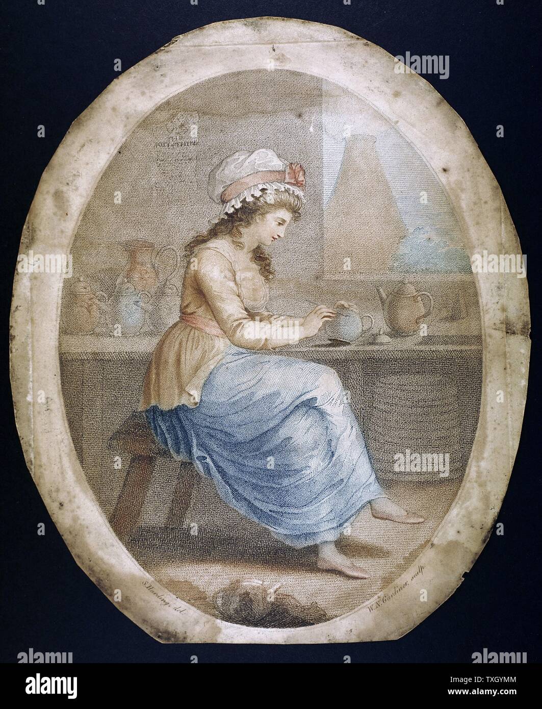 La ragazza di Staffordshire: mezzatinta da WN Gardner (1766-1814) dopo foto di Sylvester Harding (1745-1809) ragazza è la decorazione di Staffordshire ware in fabbrica. In background è un forno in ceramica. Foto Stock
