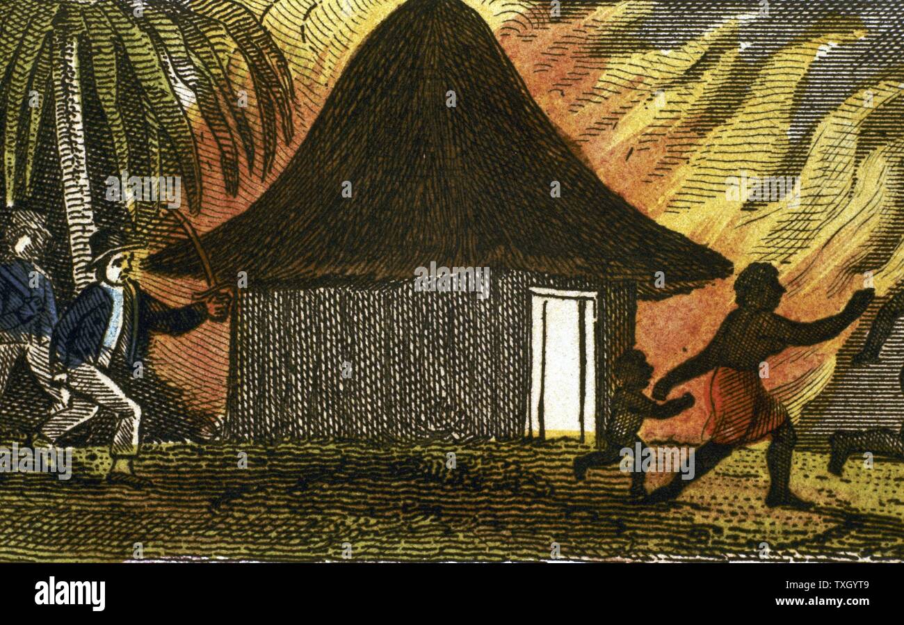 Mercanti di schiavi in Africa occidentale dare fuoco alle capanne e il rapimento di abitanti come cercano di fuggire. Dal Rev. Isaac Taylor 'Scenes in Africa' London 1824. Incisione Foto Stock