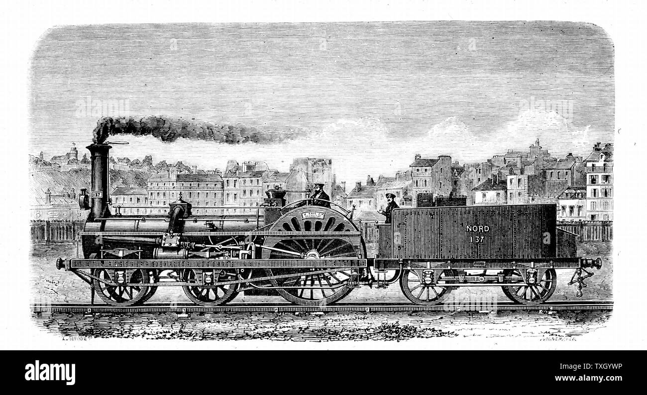 Stazione ferroviaria locomotiva a vapore progettato 1849 dall'ingegnere inglese Thomas Russell Crampton (1816-88). Incisione su legno Foto Stock