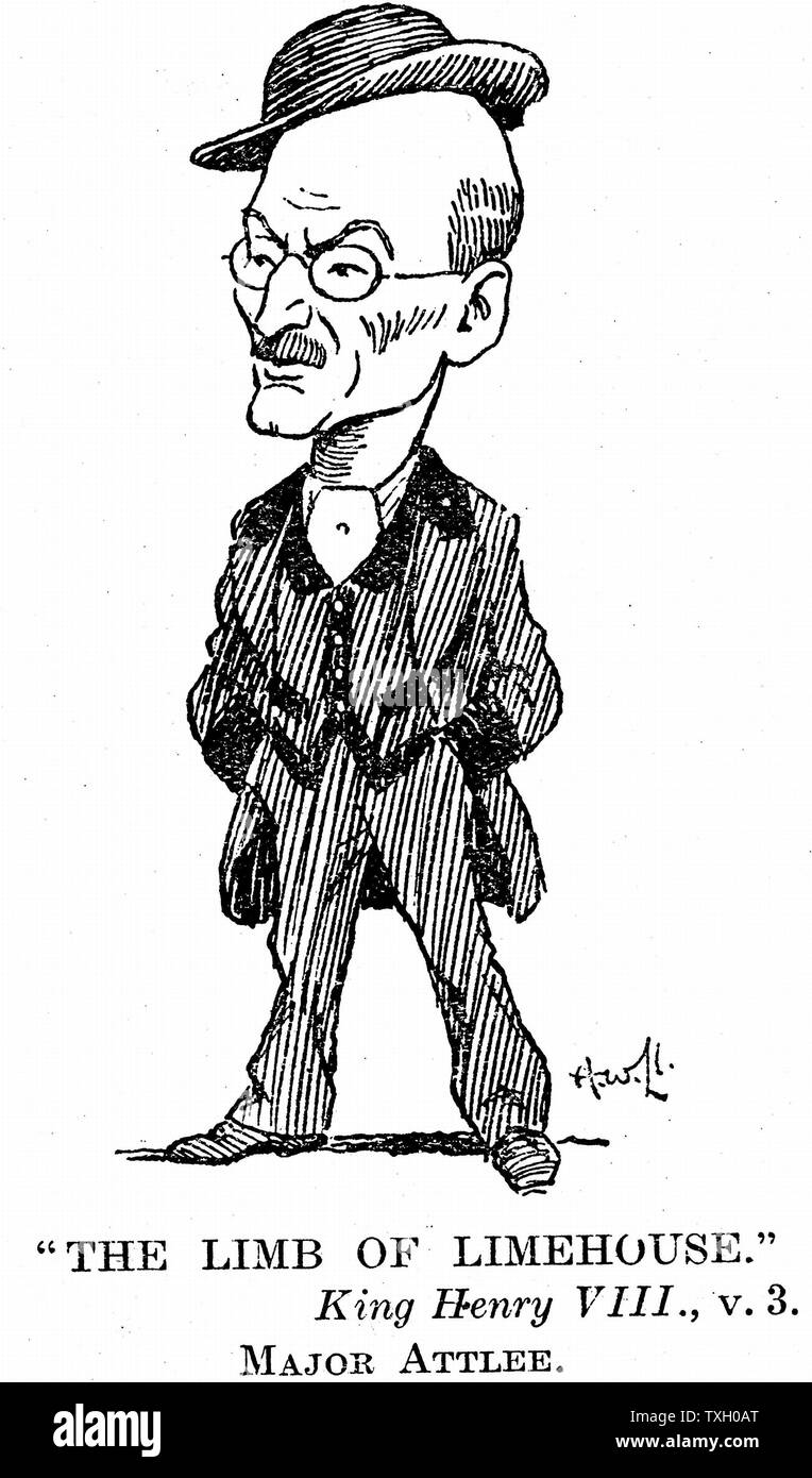 Clement Attlee (1883-1967) manodopera britannica più; Vice primo ministro in tempo di guerra mobile sotto Churchill (1942-1945); il primo ministro 1945-1951. Membro del Parlamento di Limehouse. Cartone animato da 'Foratura', Londra, 1932. Incisione Foto Stock
