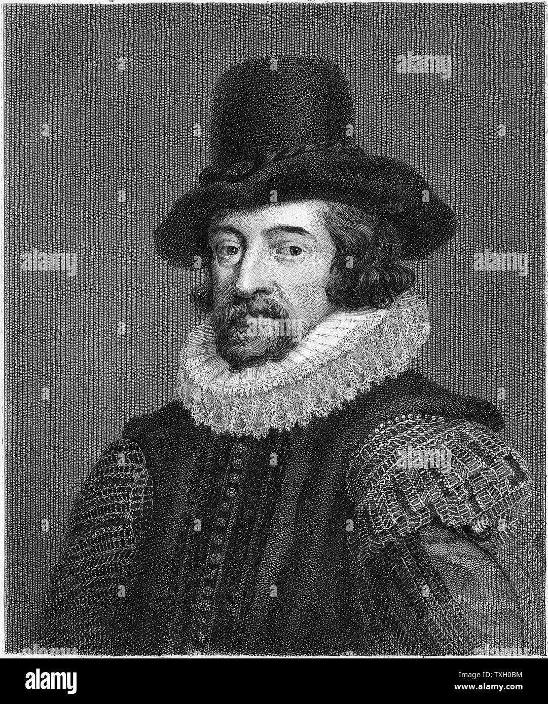 Francis Bacon (1561-1626) Viscount St Albans. Filosofo inglese, scienziato e statista. Lord Cancelliere 1618; ritiene che la scienza dovrebbe essere basato sulla osservazione e esperimento anziché aristotelica logica deduttiva. Incisione Foto Stock