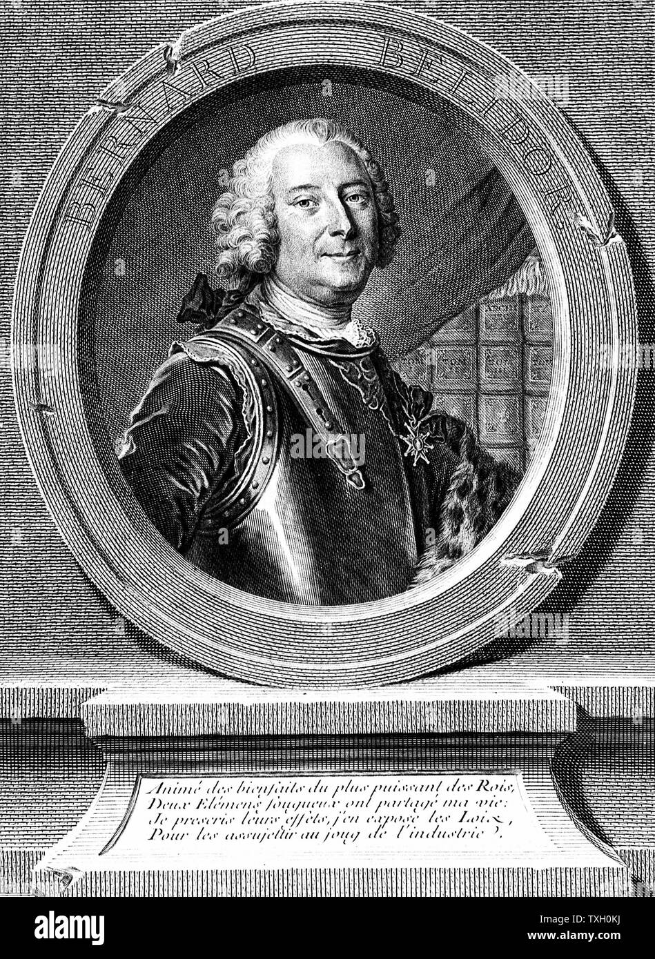 Bernard Forest Belidor (1693-C1761) francese militare e civile ingegnere. Incisione verticale frontespizio dal suo 'Architecture Hydraulique", Parigi, 1737 Foto Stock
