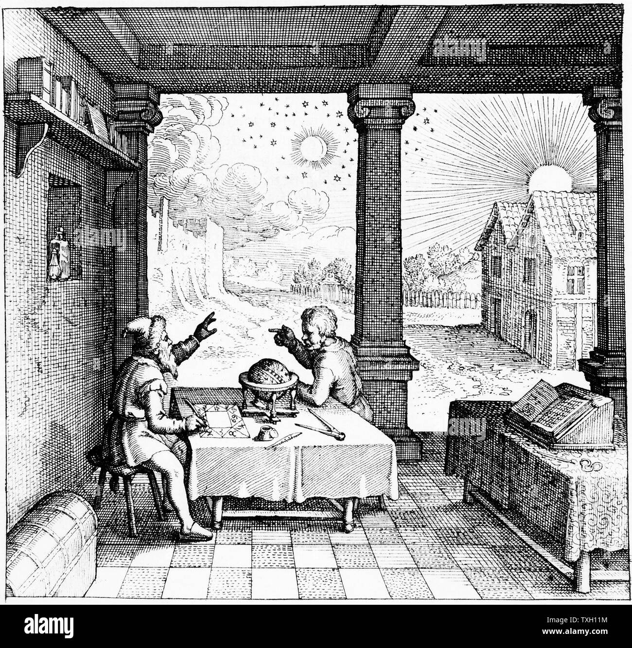 Gli Astrologi preparano un oroscopo. Dalla pagina del titolo della sezione su oroscopi di colata da Robert Fludd 'Utriusque cosmi … historia, Oppenheim, 1617-19. Incisione Foto Stock