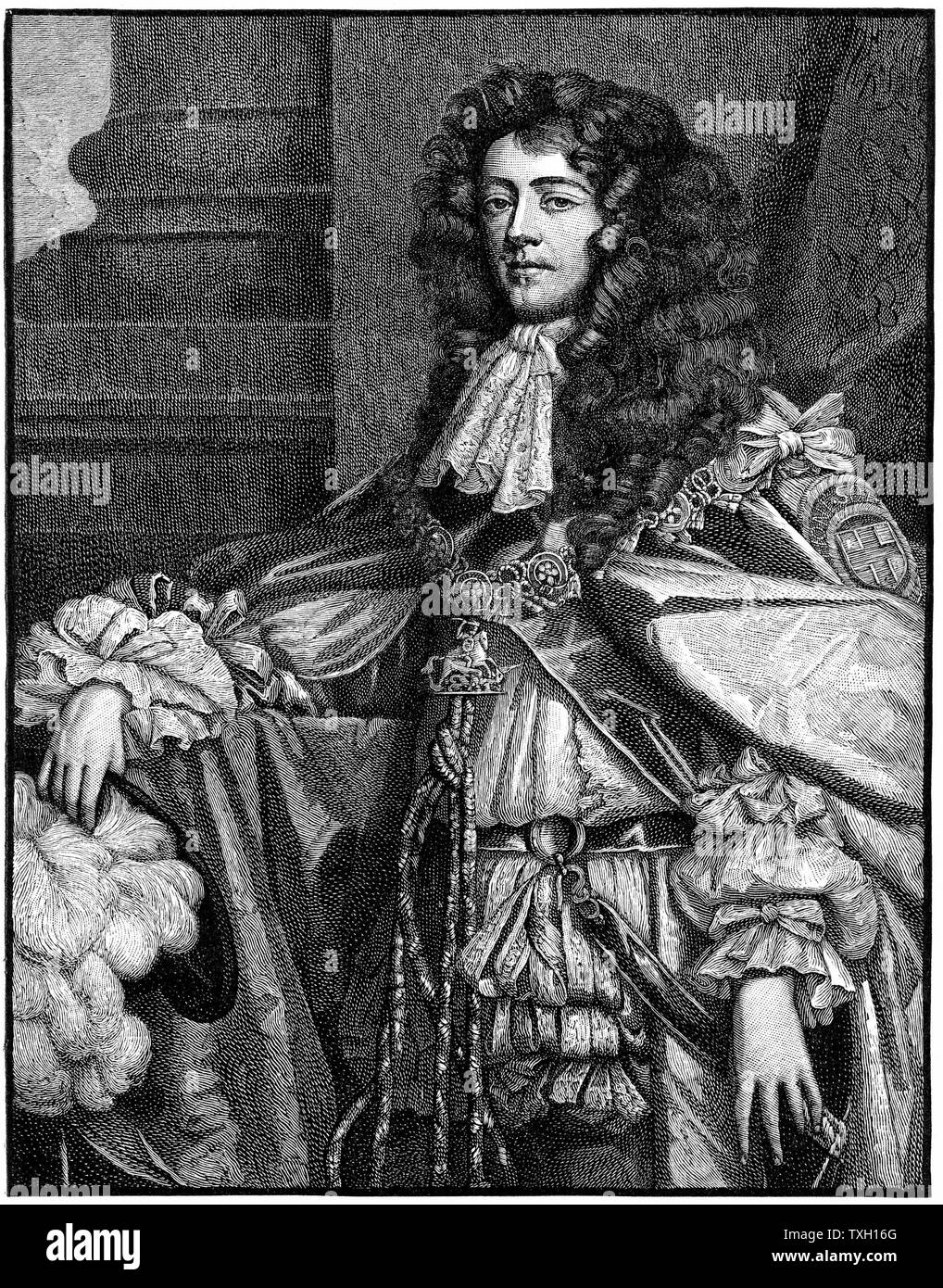 James, duca di Monmouth (1649-85) figlio illegittimo di Carlo II e Lucy Walter. Pretendente al trono di Scozia e Inghilterra. Dopo il fallimento di Monmouth Rebellion, decapitato sulla Tower Hill. Incisione Foto Stock