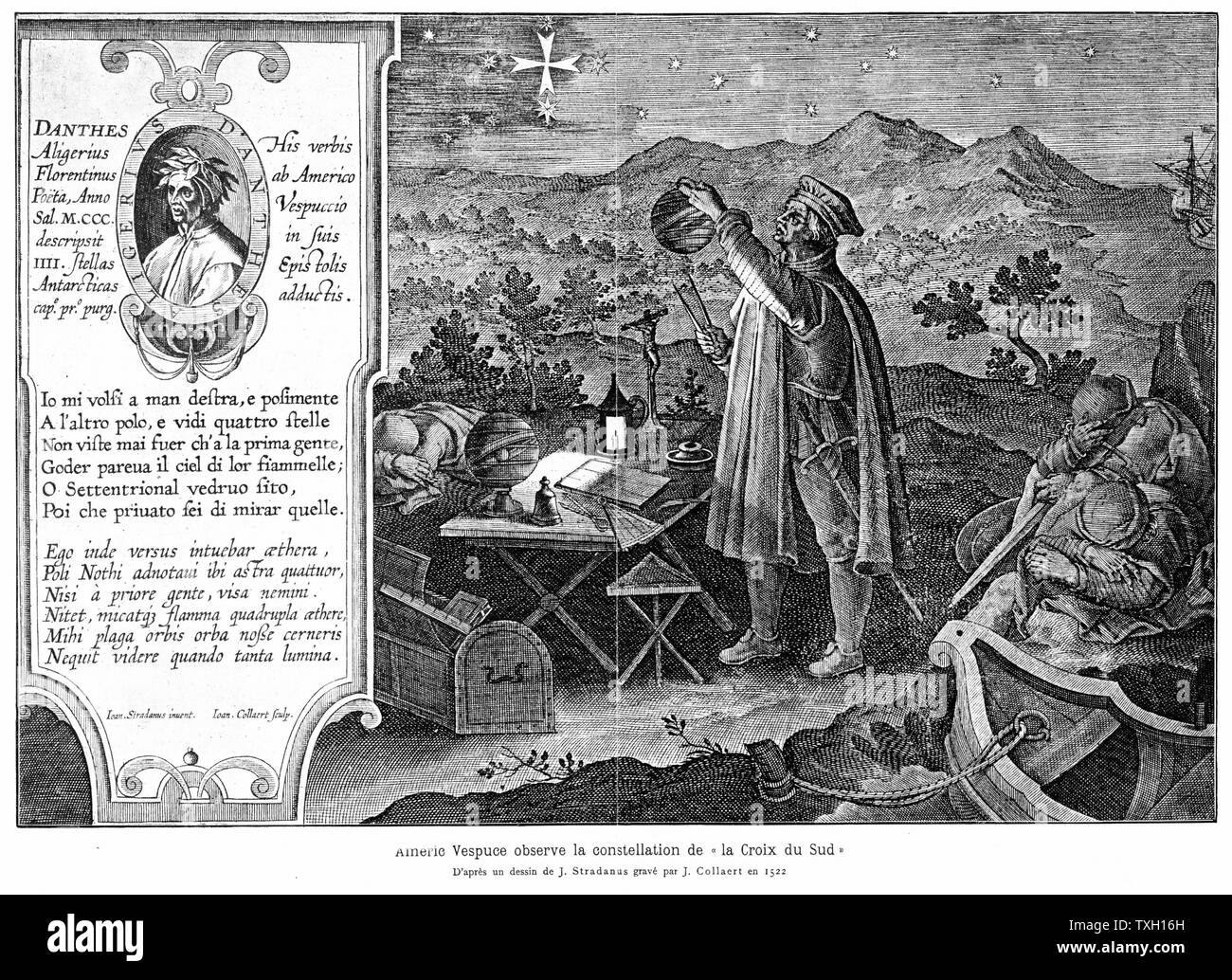 Amerigo Vespucci (1471-1512) italiano-spagnolo nato explorer. Qui mostrato osservando la costellazione della Croce del Sud. America denominato dalla forma latinizzata del suo nome. Dopo incisione Stradanus, 1522 Foto Stock