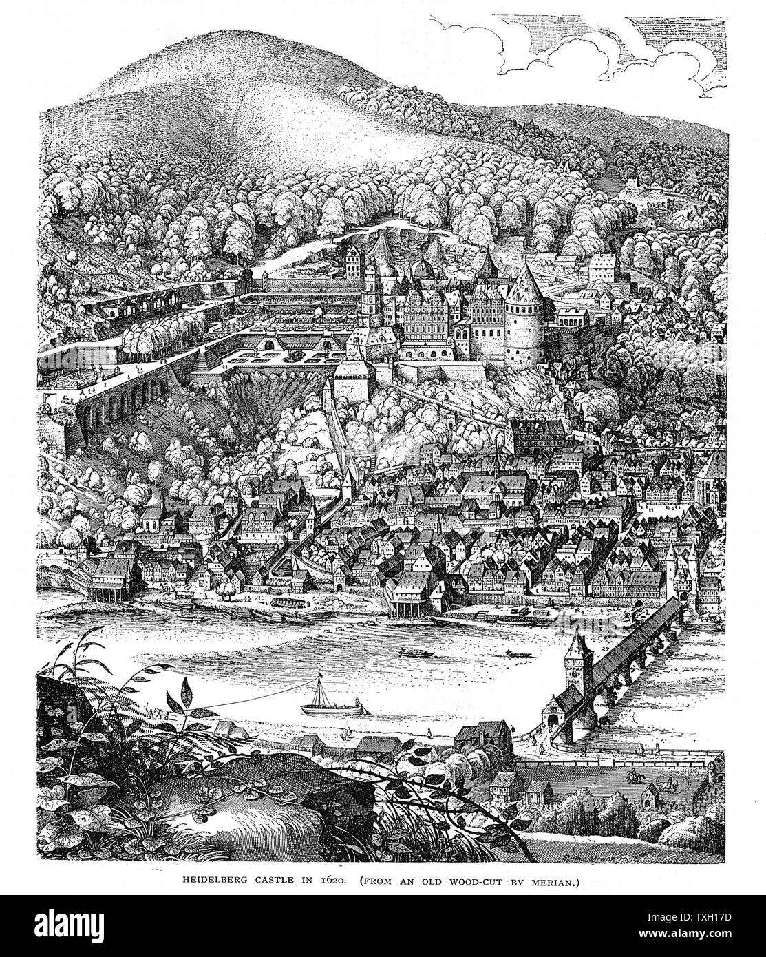 Il castello di Heidelberg e la città vista lungo il fiume Neckar. Dopo il 1620 la xilografia. A casa di Federico V Elettore Palatino e Re di Boemia (1619-20) e di Elisabetta, figlia di Giacomo I e VI di Inghilterra e Scozia dal loro matrimonio in 1613 fino a quando la sconfitta dei protestanti forze boemi nella battaglia della Montagna Bianca nelle vicinanze di Praga. In inverno il Re e la regina. Giardini stabiliti da Salomon de Caus. Incisione. Foto Stock