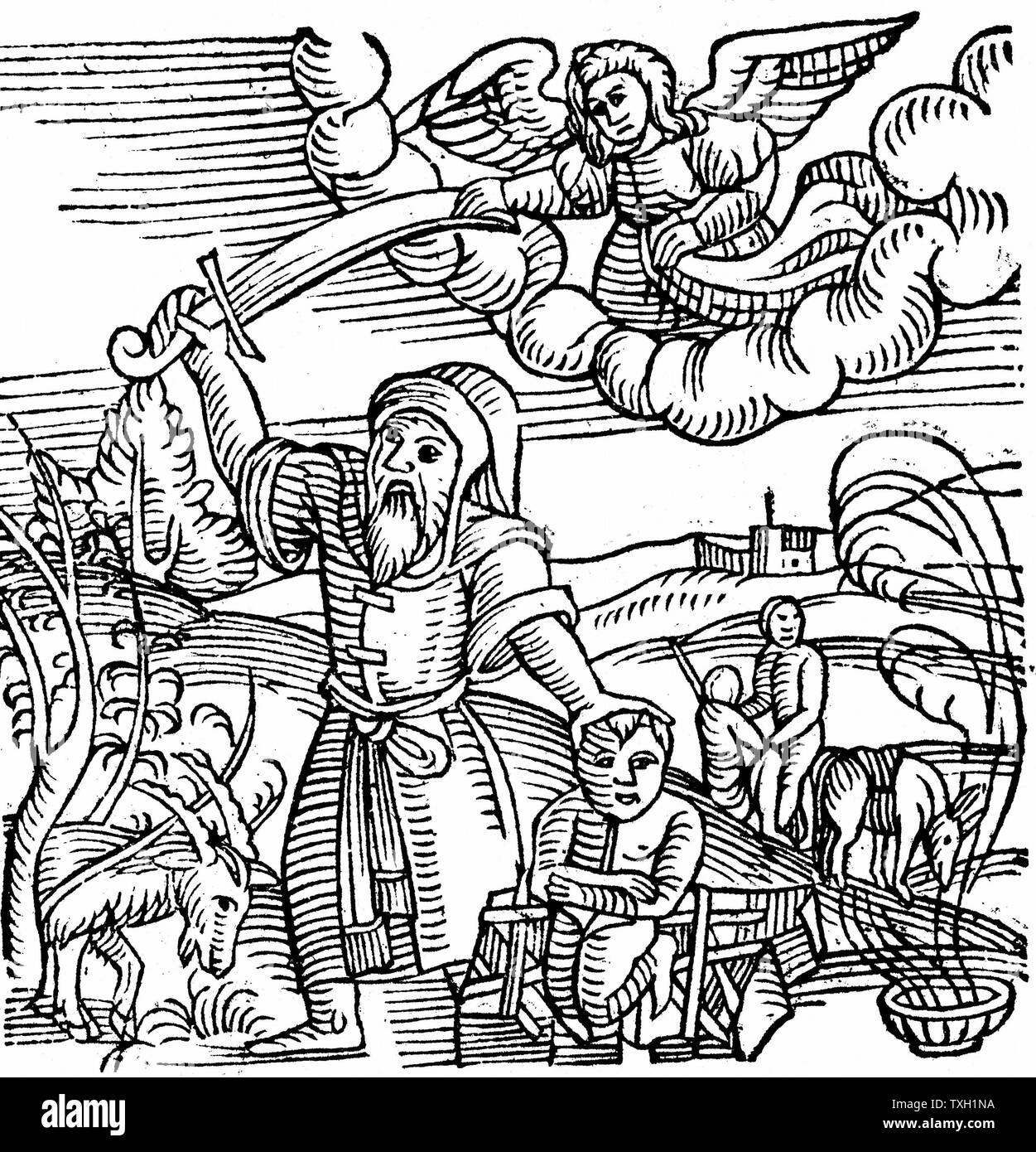 Isacco salvato dal sacrificio di Abramo mediante la comparsa di ram catturati nel folto. Da 'Prodigiorum ac ostentorum chronicon' Conrad Lycosthenes (Basilea 1557). Xilografia. Foto Stock