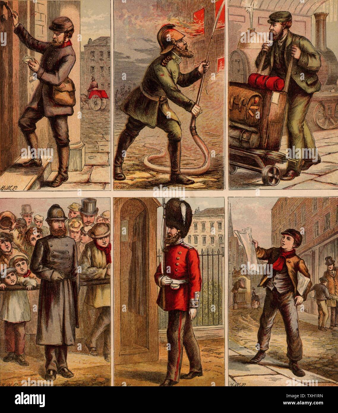 London street scene. Postino consegnare le lettere: vigile del fuoco nella lotta contro un incendio : Stazione ferroviaria Porter con carrello di bagagli: poliziotto sulla folla duty: Guardsman della sentinella: Newsboy Vendita di carte.. Illustrazioni di Orazio William Petherick (1839-1919) per un libro per bambini pubblicato a Londra c1875. Foto Stock