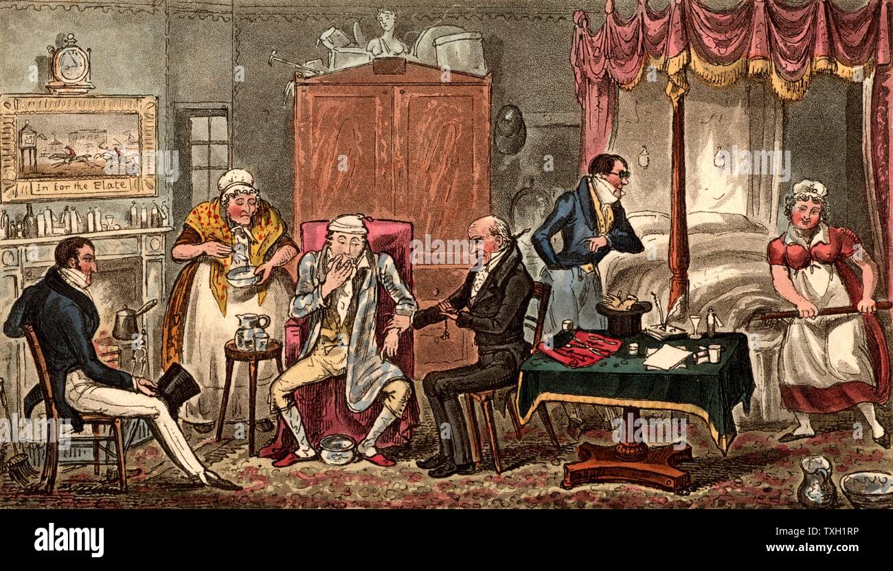 Jerry che soffrono gli effetti di sovraindulgenza. Medico prende il suo impulso. Maid riscalda il letto a baldacchino con un riscaldamento pan. Padrona di Casa vola con attenzione. Illustrazione di (Isaac) Robert Cruikshank e George Cruikshank Snr. Da' vita a Londra' da Pierce Egan (Londra, 1821). La puntasecca. Foto Stock