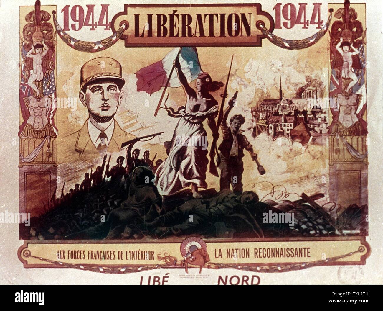 DE GAULLE, (1890-1970) francese generale e primo presidente della Quinta Repubblica. Poster commemorativo che celebra la liberazione della Francia nel 1944 Foto Stock