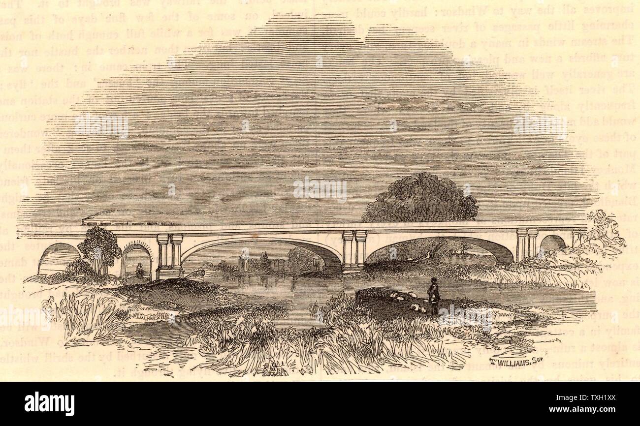 Maidenhead ponte sulla Great Western Railway, c1860. Ponte progettato da Isambard Kingdom Brunel (1806-1859) per trasportare il GWR oltre il Tamigi a Maidenhead, Berkshire. I critici erano convinti che il ponte sarebbe caduta a causa della larghezza e della planarità delle arcate, 128 ft (39m) con un aumento di 24ft 3a (7.39m) alla corona, ma sono stati smentiti. Aperto 1839. Da "La terra in cui viviamo" (London, c1860) Foto Stock