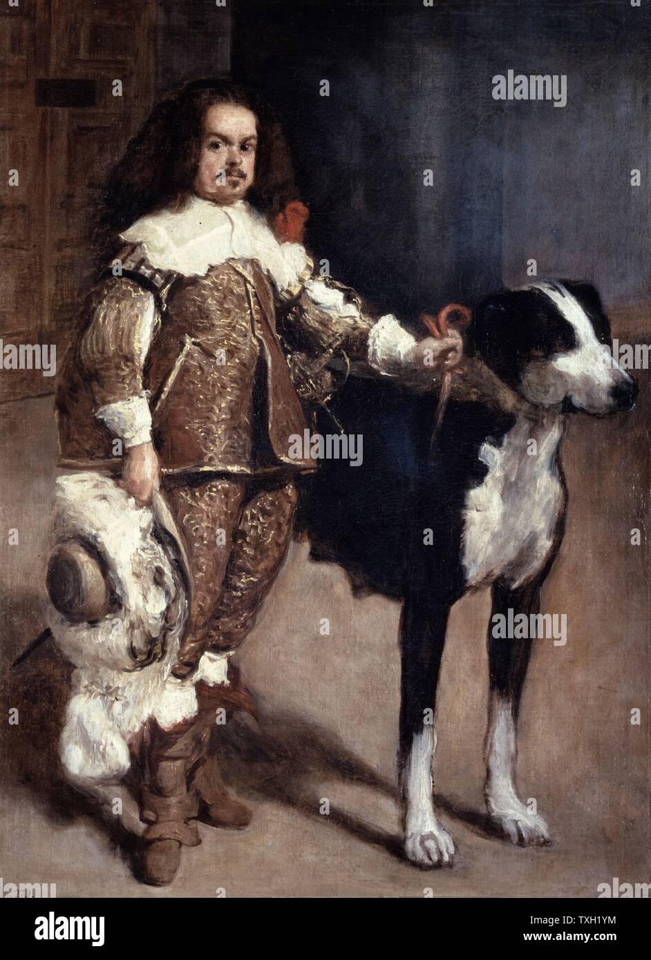 Anonimo spagnolo school Ritratto di un buffone con il suo cane Retrato de bufón con perro Olio su tela (142 x 107 cm) Madrid, Museo del Prado Foto Stock