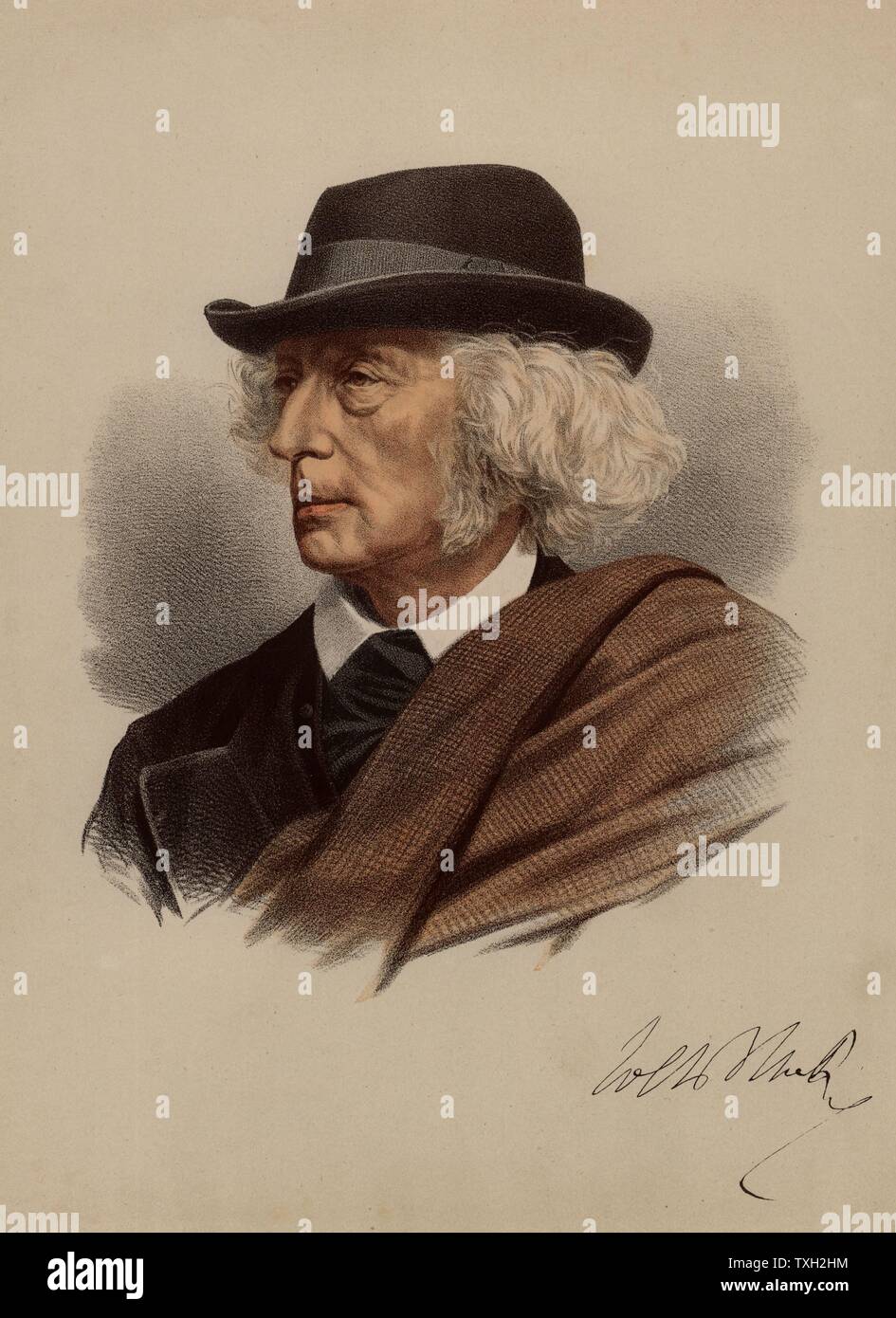 John Stuart Blackie (1809-1905) Scottish classicista e uomo di lettere, nato a Glasgow. Professore di greco presso l'Università di Edimburgo 1852-1882. Strumentale nella fondazione di una cattedra di musica celtica a Edimburgo. Dal punto di vista politico radicale e nazionalistici, egli era un noto Edinburgh figura nella sua tesa larga hat e indossando un plaid sopra la sua spalla come un pastore. Da 'National Portrait Gallery" (Londra, c1880). Litografia colorata. Foto Stock