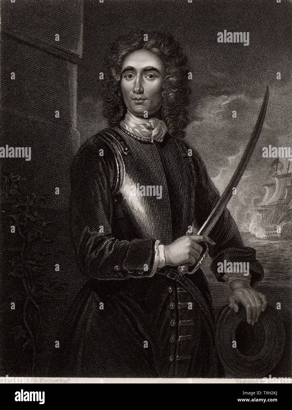 John Benbow (1653-1702) inglese comandante navale nato a Shrewsbury, Shropshire. Vice Ammiraglio 1701. In Indie ad ovest, off Santa Marta, ha incontrato superiora delle forze francesi sotto du Casse il 19 agosto 1702. La sua gamba infranta dalla catena-shot e abbandonato dai suoi capitani, morì in Giamaica delle sue ferite in ottobre. Ricordato come "Brave Benbow'. Dopo incisione ritratto da Godfrey Kneller. Foto Stock