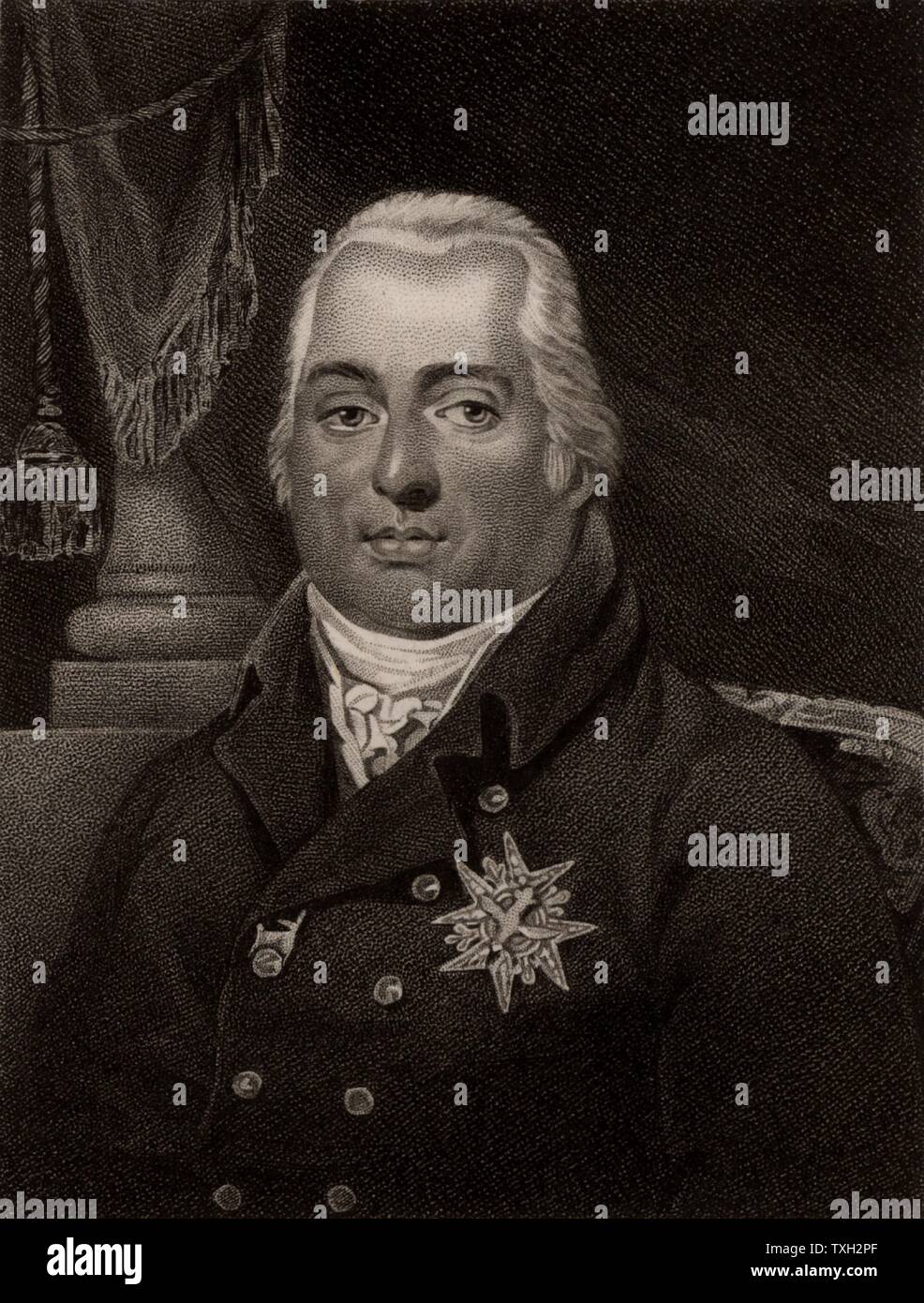 Luigi XVIII (Stanislaw Xavier 1755-1824) fratello minore di Luigi XVI, si è proclamato re di Francia 1795. In esilio dal 1791 fino a caduta di Napoleone, aprile 1814. Incisione di imbianchini da "Storia delle guerre causate dalla Rivoluzione Francese..." da CH Gifford (Londra, 1817). Foto Stock