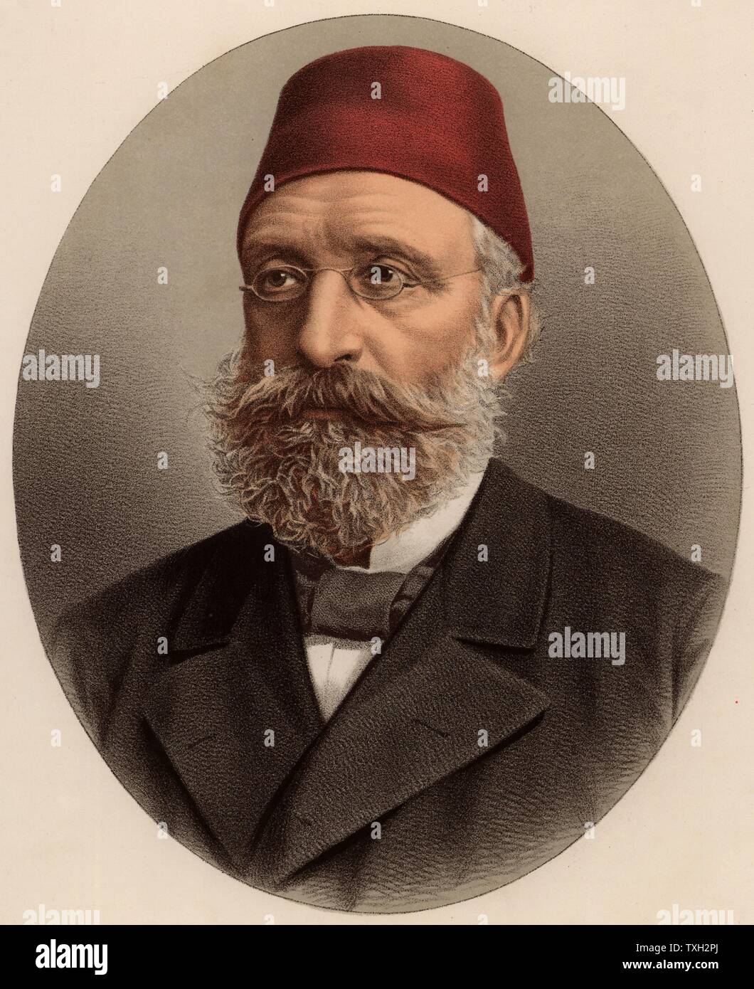 Midhat Pascià (1822-1883), uomo politico turco, governatore della Bulgaria (1864-1869). In 1876 ha guidato la rivoluzione deponendo il tiranno Abd-al-Aziz. Nel 1883 era stato accusato di omicidio di Abd-al-Aziz, imprigionato e strangolato. Da "Il moderno Portrait Gallery" (London, c1880). Litografia colorata. Foto Stock