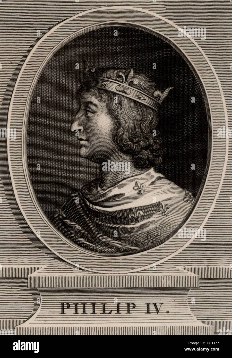 Filippo IV il Bello (1268-1314) un membro della dinastia Capetian, re di Francia dal 1285. Egli ha costretto il papa Clemente V per sciogliere i Cavalieri Templari e catturato la loro proprietà (1314). Incisione su rame, 1793. Foto Stock