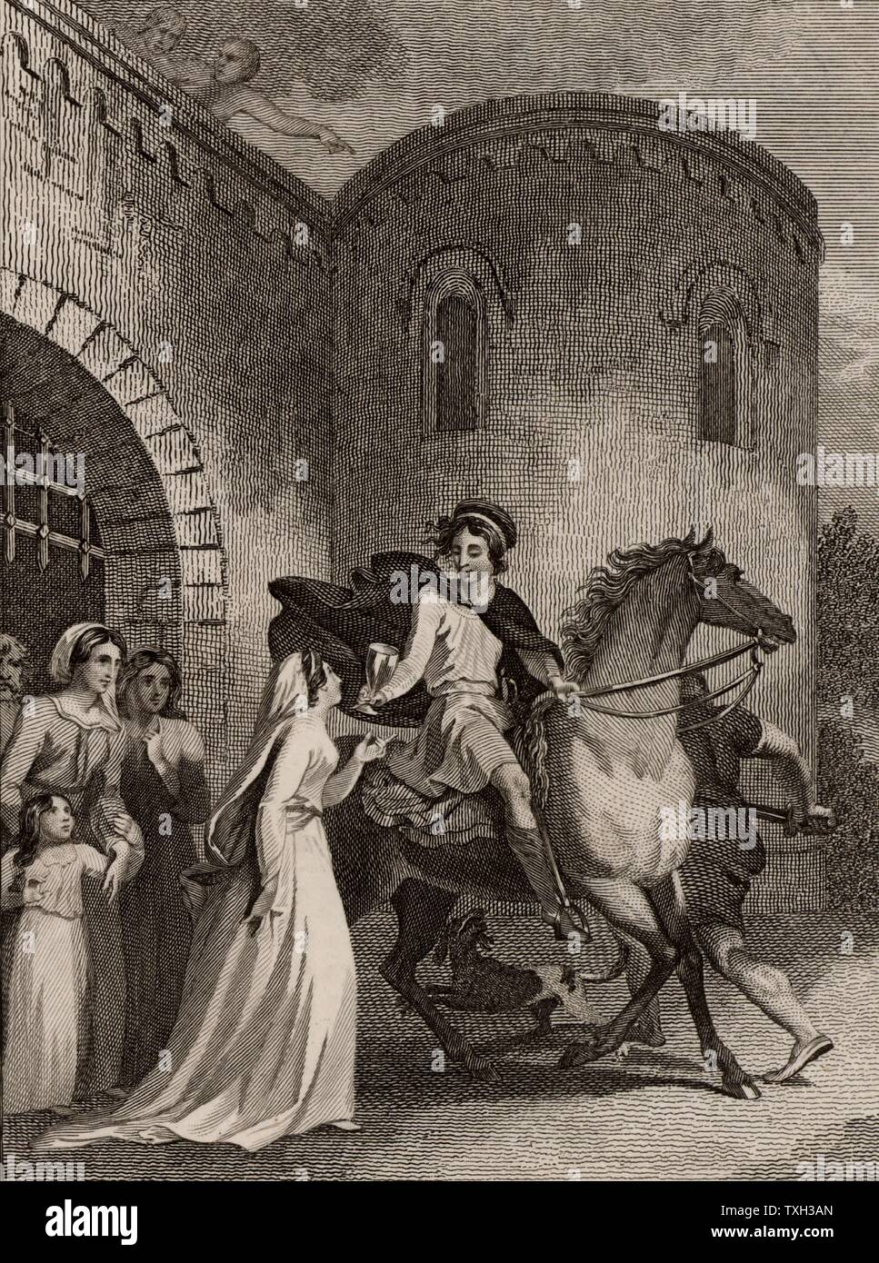 Edoardo il martire (963?-978), inglese King, figlio di Edgar che egli è riuscito a 975. Ucciso a Corfe Castle, Dorset, dal tradimento della sua matrigna Elfrida (Aelfthryth). Questa immagine illustra la storia che Elfrida deviato Edward's attenzione dandogli una bevanda come ha guidato fuori da Corfe, consentendo così uno dei suoi thegns di pugnalarlo nel retro. Da "La storia imperiale di Inghilterra " da Teofilo Camden (Londra, 1832). Incisione. r Foto Stock