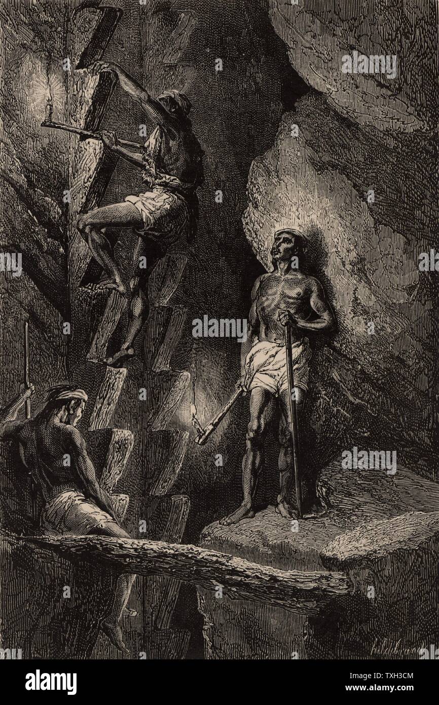 I minatori in Chihuahua, Messico, in ordine ascendente di un pozzo mediante fasi di grezzo. portando ceri attaccato a bastoni per illuminare il loro cammino. Crescente e Decrescente tali alberi era un rischio quotidiano. Lo stato di Chihuahua è stata una fonte di argento, oro e mercurio per molti secoli. Da 'vita metropolitana; o, delle miniere e dei minatori di Louis Simonin (Londra, 1869). Incisione su legno. Foto Stock