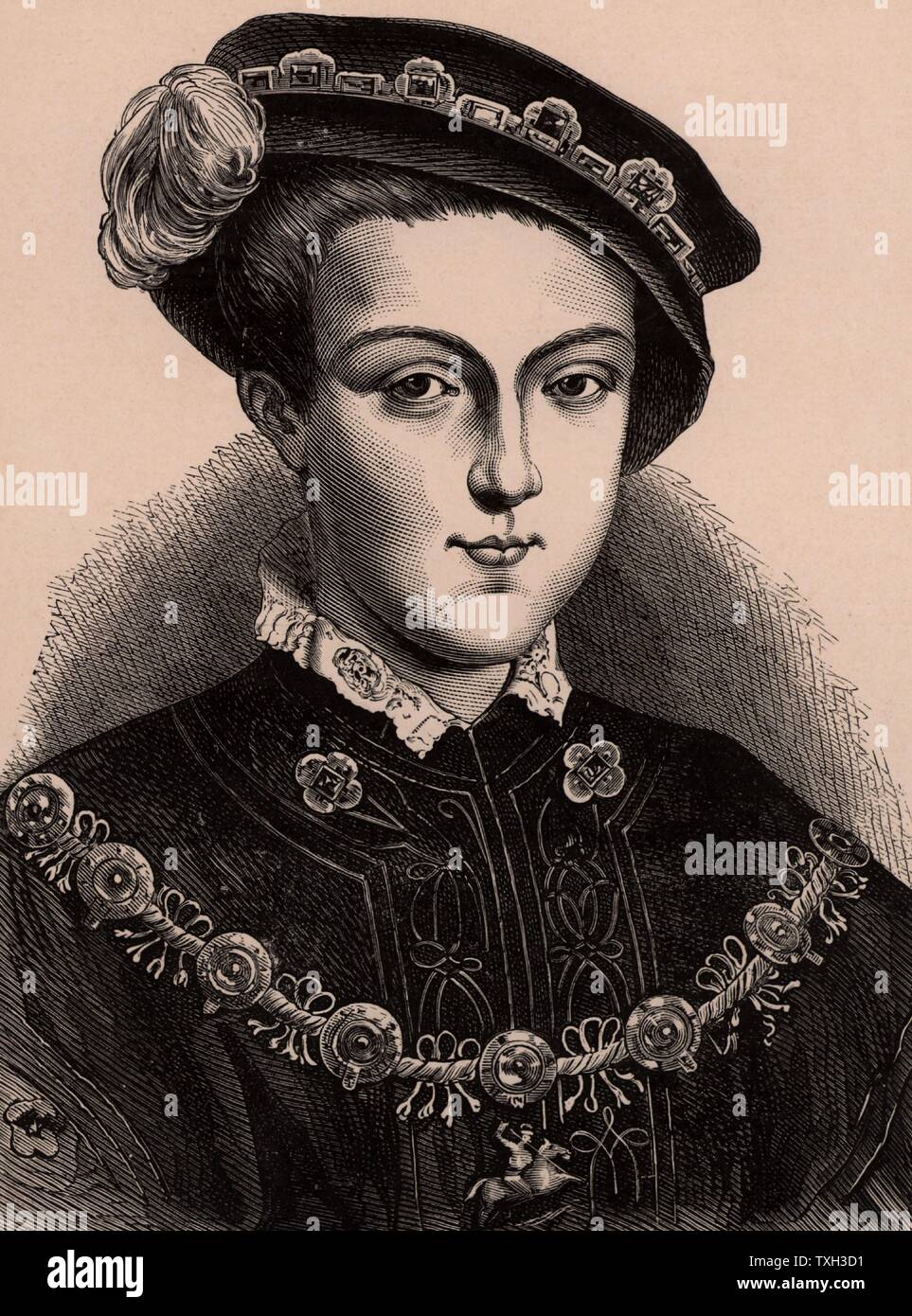 Edward VI (1537-1553), Re di Inghilterra e Irlanda dal 1547. Figlio di Enrico VIII e la sua terza moglie Jane Seymour. Sempre un bambino malato, Morì di cause naturali. Un membro della Dinastia Tudor. Incisione su legno c1900. Foto Stock