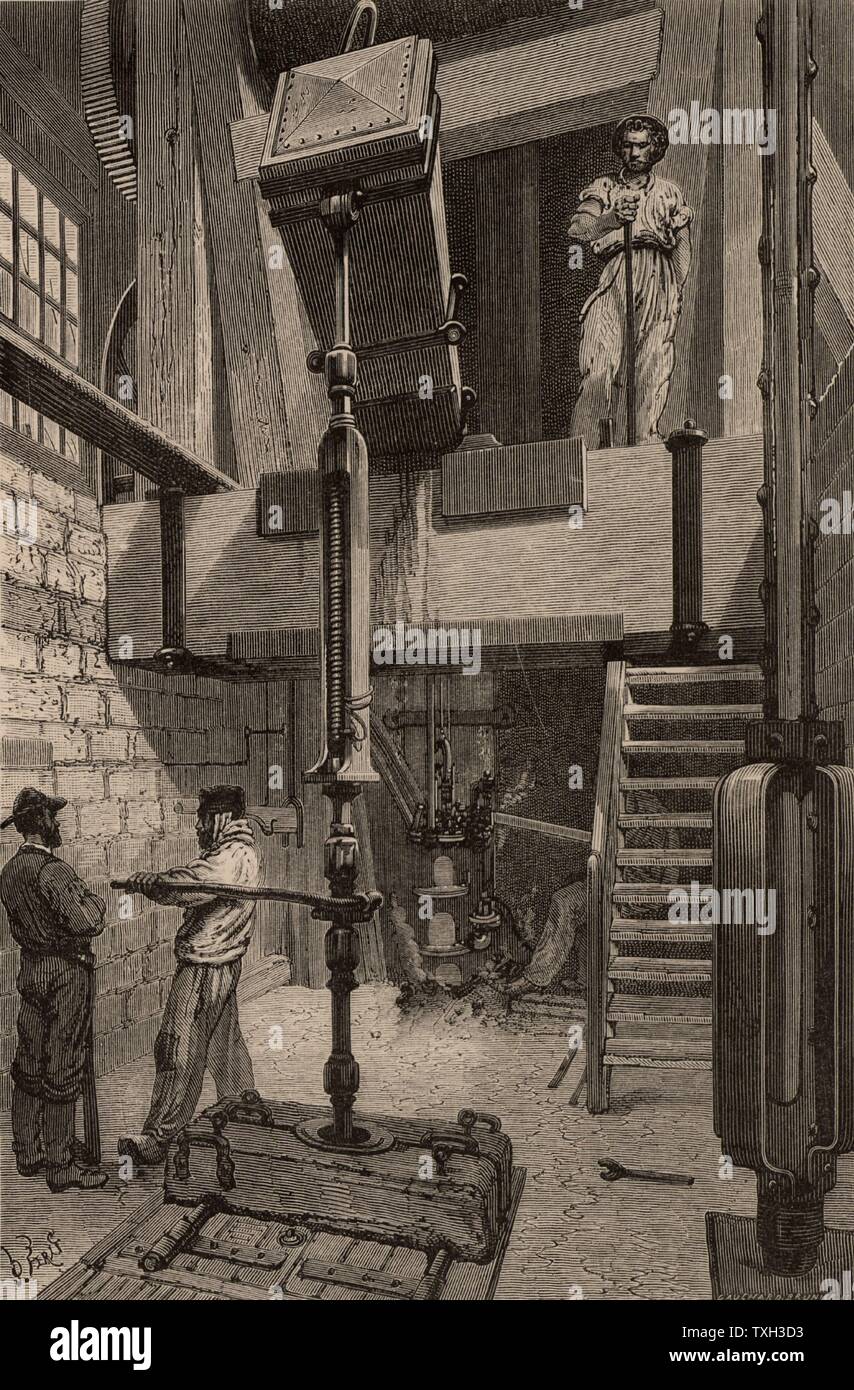 Ricerca di carbone con il noioso, Pas de Calais bacino, Francia. Macchina alesatrice alimentato da un motore a vapore. Da 'vita metropolitana; o, delle miniere e dei minatori di Louis Simonin (Londra, 1869). Incisione su legno. Foto Stock
