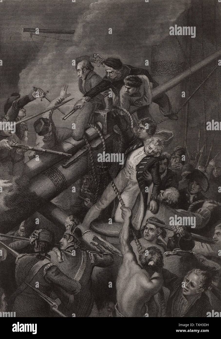 Il capitano Robert Faulknor (1763-95), inglese ufficiale della marina, ucciso mentre cerca di ancorare il bompresso della fregata francese 'pique' per cabestano della sua nave "Blanche", fuori della Guadalupa. Durante il feroce impegno il capitano del 'pique' anche è stato ferito a morte. L'equipaggio di "Blanche" finalmente riuscito a catturare il 'pique'. Incisione. Foto Stock