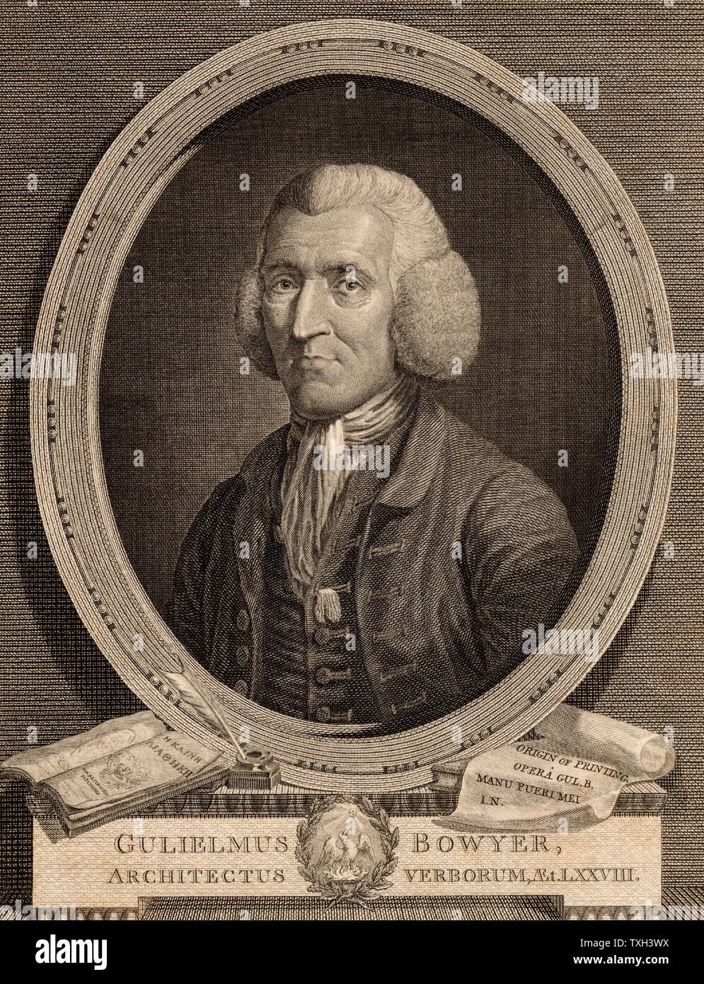 William Bowyer il Giovane (1699-1777) noto come "l'imparato Stampante, prominente stampante Inglese e l'autore. Stampante alla House of Commons (1729), la società di antiquari (1726), la Royal Society (1761). Tratte dalla vita e inciso da James Basire (1730-1802). Foto Stock