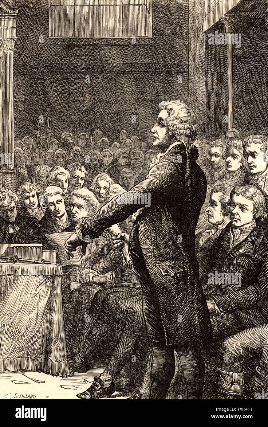 Edmund Burke (1729-1797) oratore anglo-irlandese, politico filosofo e scrittore, membro del Whig partito politico. Burke il supporto di William Wilberforce's Motion per l abolizione della schiavitù in House of Commons, 9 maggio 1788. Incisione da 'eroi della Gran Bretagna in Guerra e Pace" di Edwin Hodder (Londra, c1880). Foto Stock