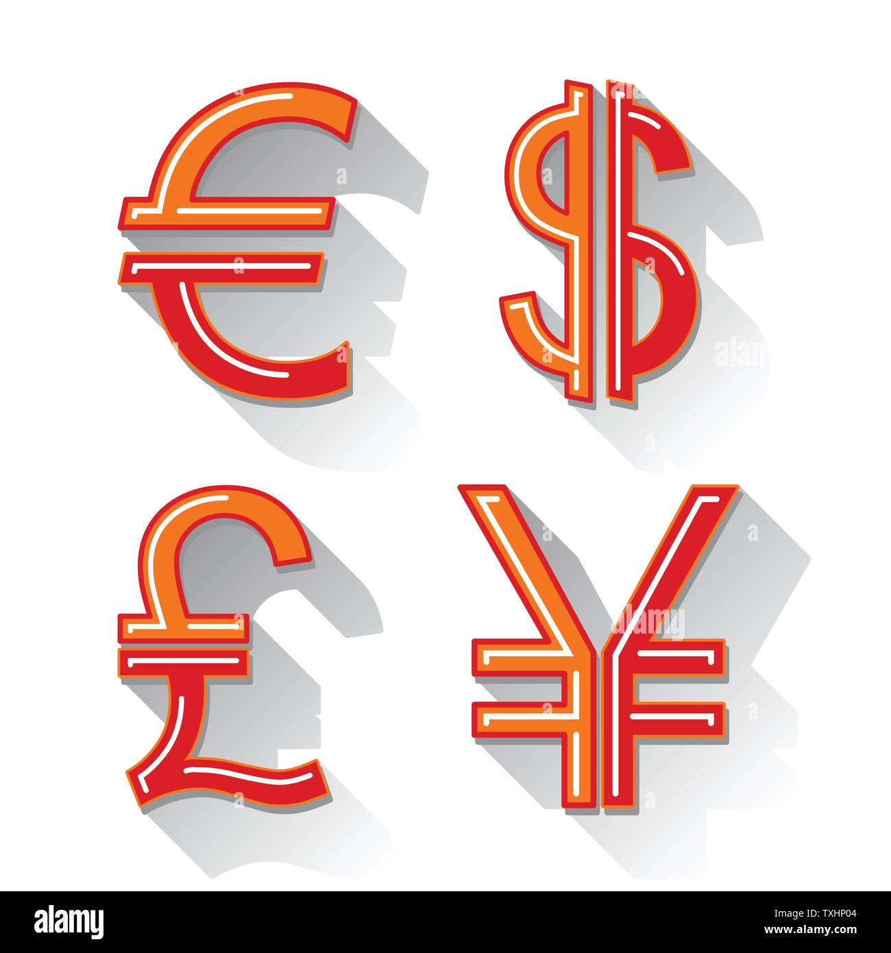 Dollaro, Euro, Sterlina britannica e yen valuta le icone. In USD, EUR, GBP e JPY denaro simboli di segno, vettore Illustrazione Vettoriale