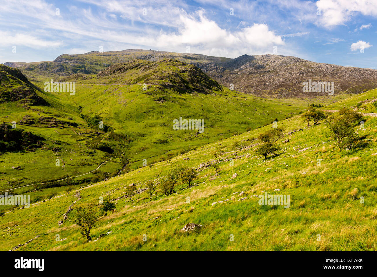 Glyder Fawr e Glyder Fach visto di Nant Gwynant Valley, il Parco Nazionale di Snowdonia, Gwynedd, Wales, Regno Unito Foto Stock