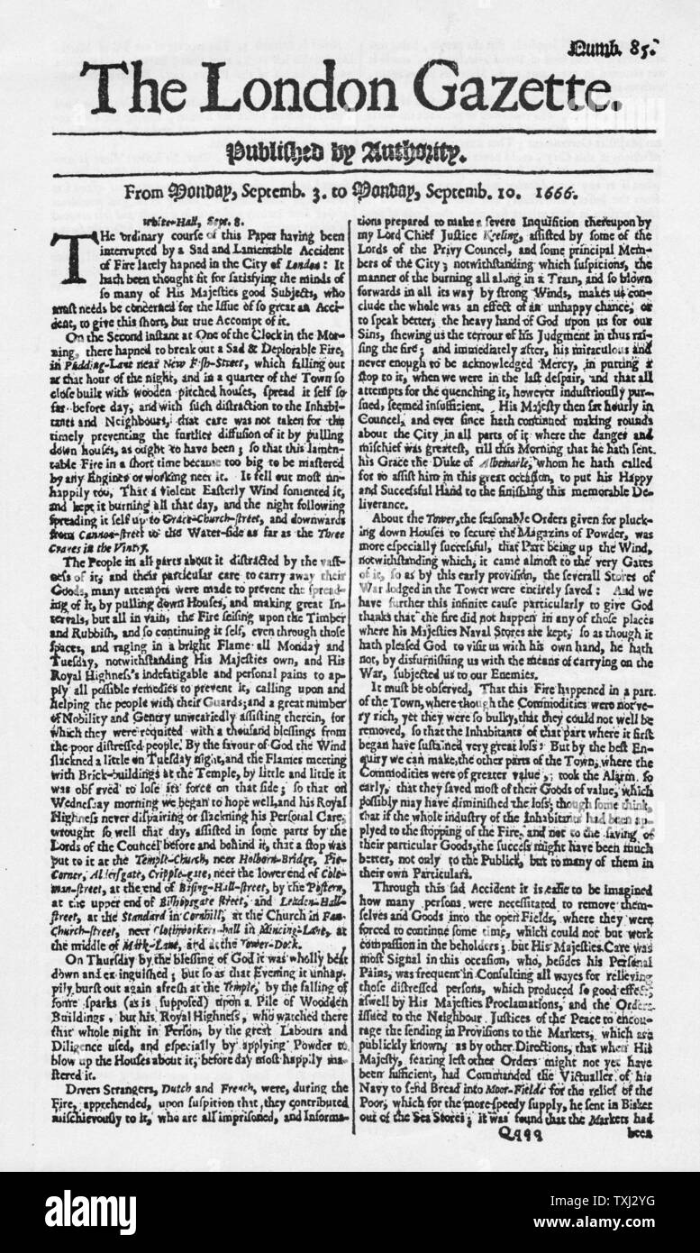 La London Gazette 3a -10Settembre 1666 front page reporting Grande Incendio di Londra Foto Stock