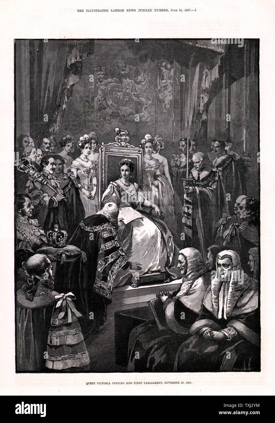 1887 Illustrated London News Giubileo reporting Queen Victoria apre il suo primo Parlamento 1837 Foto Stock