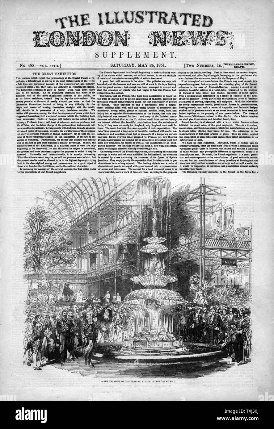 1851 Illustrated London News pagina anteriore segnalato la grande mostra in Hyde Park Foto Stock