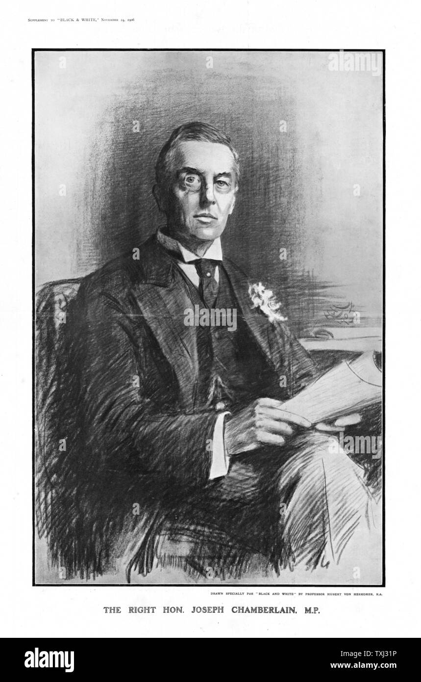 1906 Black & White magazine pagina anteriore reporting British MP Joseph Chamberlain Foto Stock