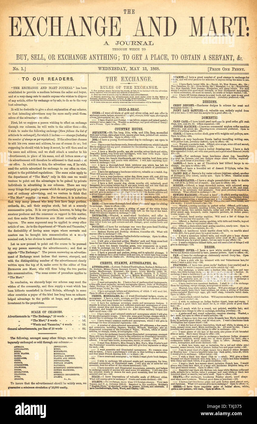 1868 Exchange & Mart anteriore numero di pagina 1 - problema Foto Stock