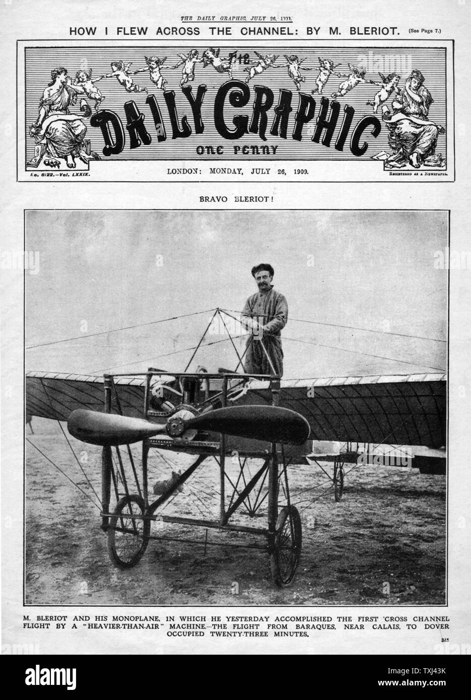 1909 Daily Graphic front page Louis Bleriot prima Cross-Channel volo Foto Stock