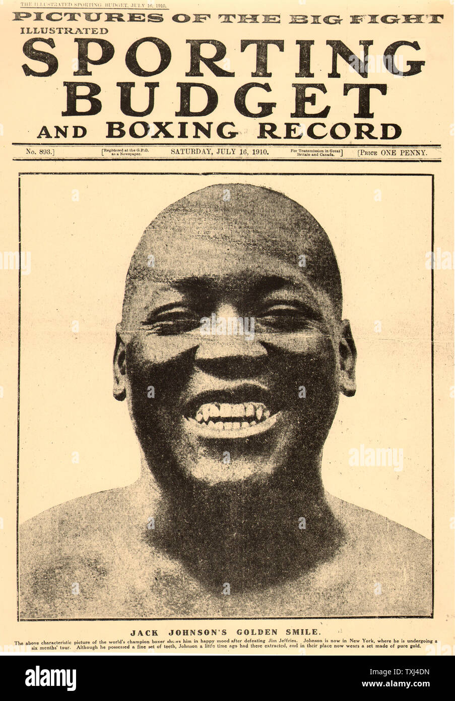 1910 illustrato Spoorting Bilancio pagina anteriore Boxer Jack Johnson Foto Stock